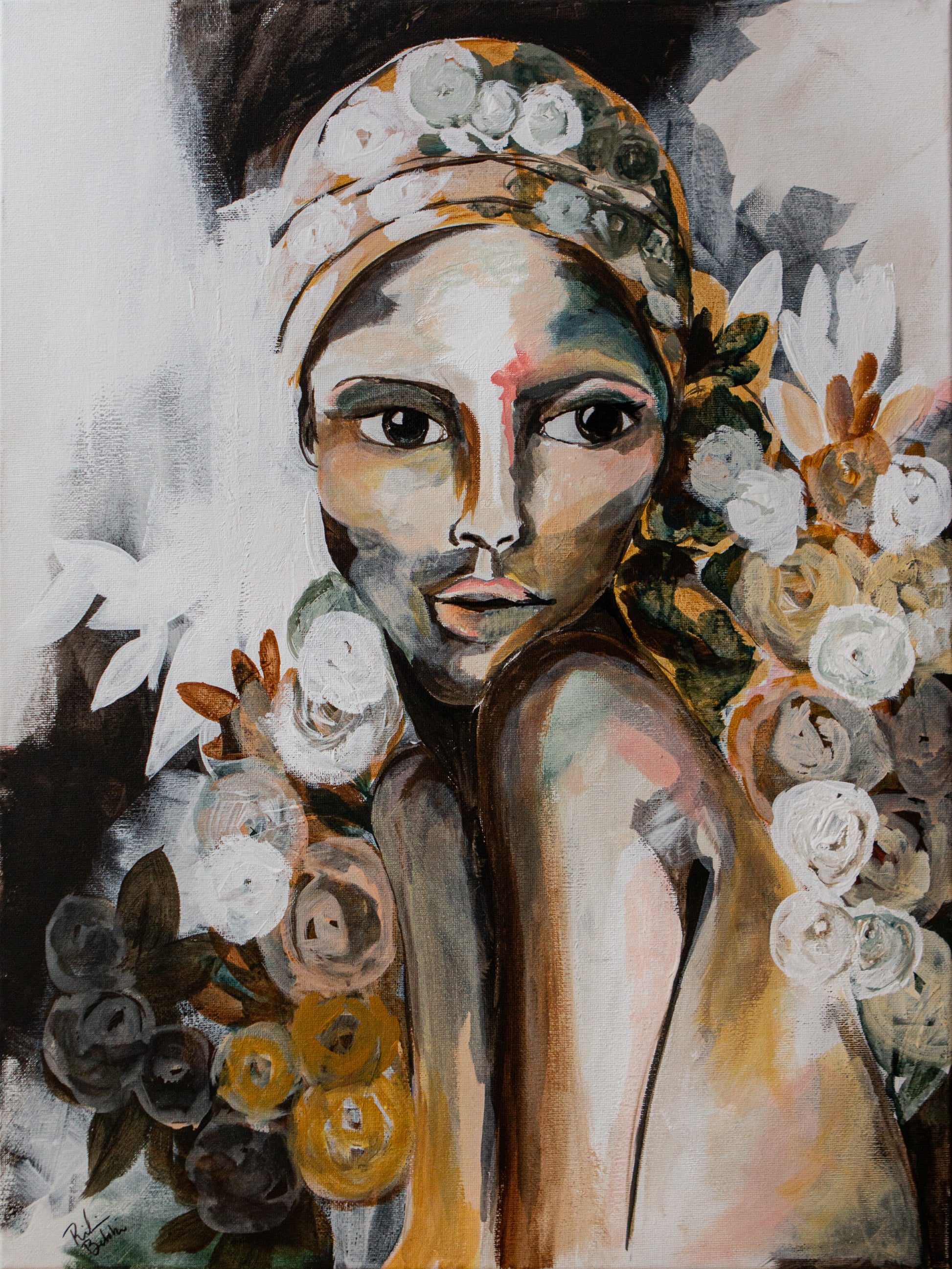 Painting of woman in headscarf, floral watercolor and acrylic paintings, female portraits, contemporary art