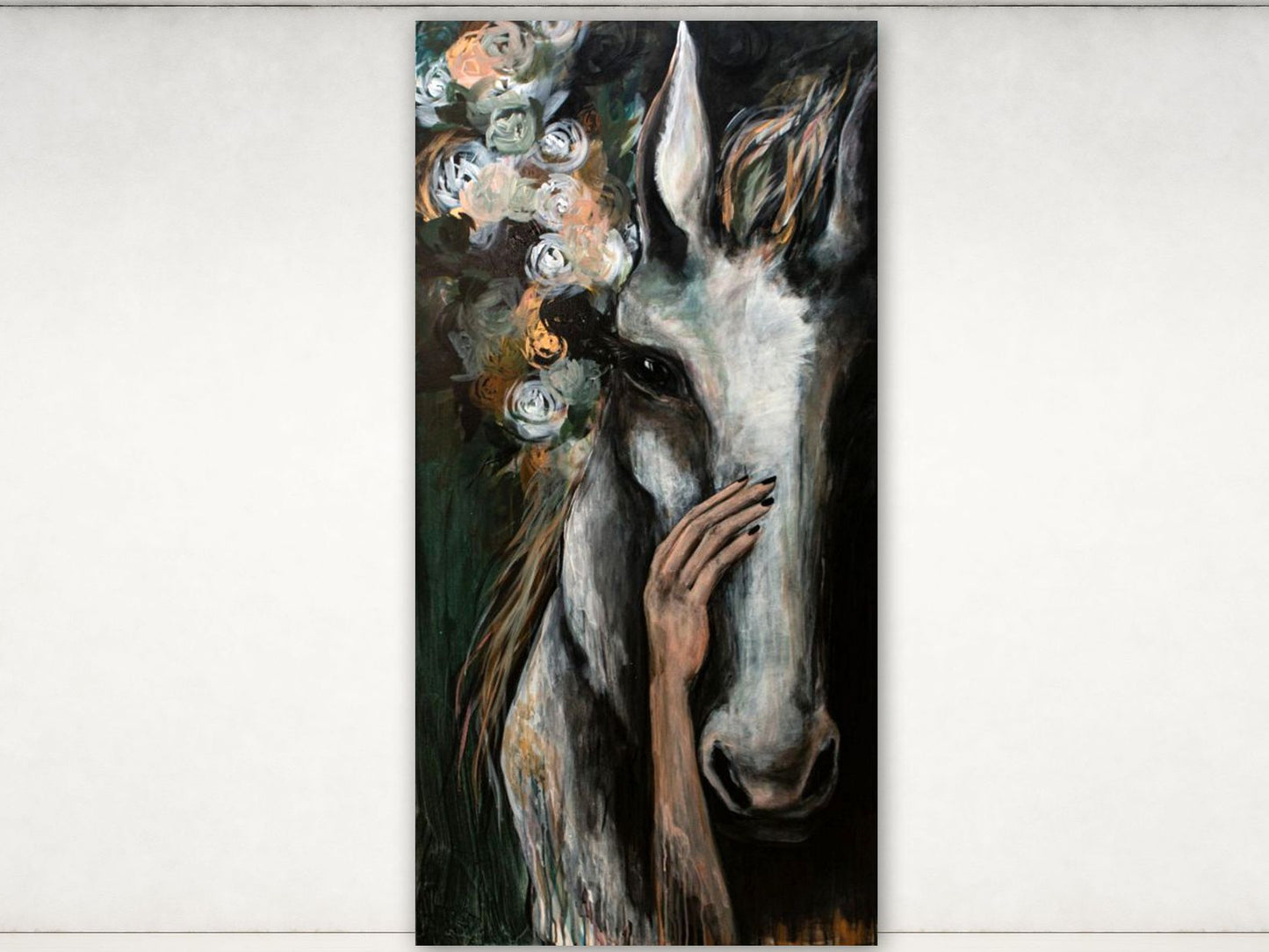 art gallery prints, fine art print of horse, painting of white horse, watercolor and acrylic art