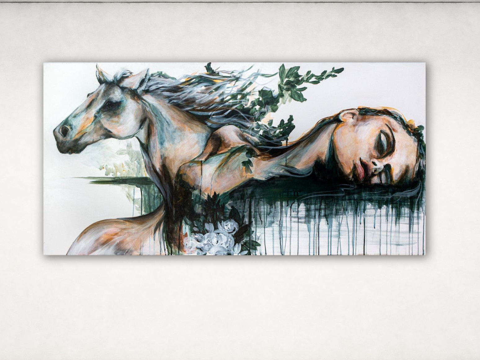 horse art, painitngs of a horse and woman, painting of a horse and water, watercolor acrylic painitng of horse